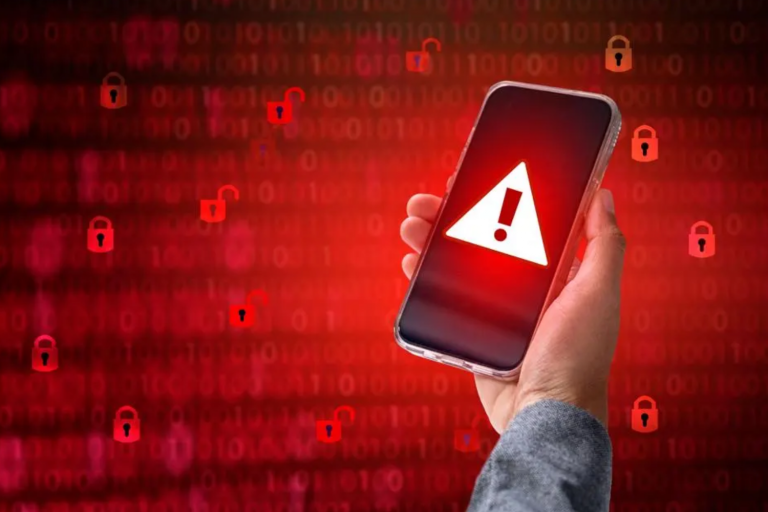 Ilustração de uma pessoa segurando um iPhone com um sinal de alerta na tela