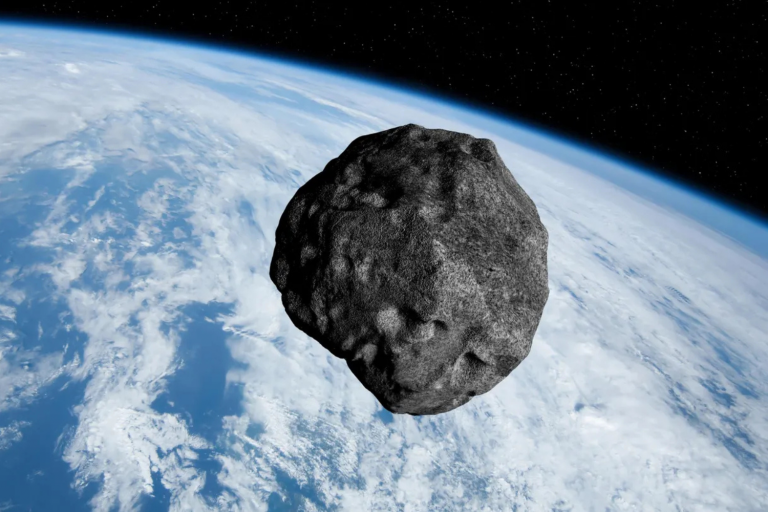 Imagem ilustrativa de um asteroide se aproximando da Terra