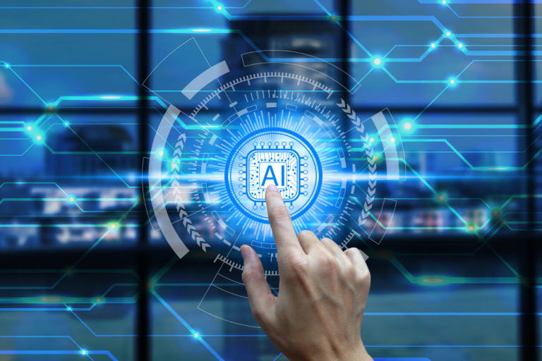 Imagem ilustrativa de uma pessoa clicando em um botão holográfico para ativar a inteligência artificial